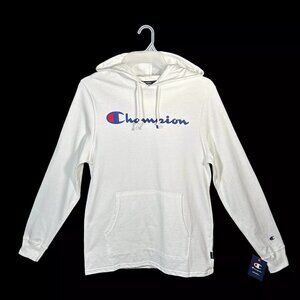 Champion Men's Long Sleeve T-Shirt Hoodie Size M White Midweight Script Logo